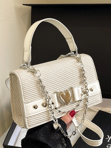 Damen Mode Herz Schnalle Umhängetasche Kleine Quadratische Tasche Mit Kette Dekor Webmuster PU Leder Handtasche Für Streetwear Party