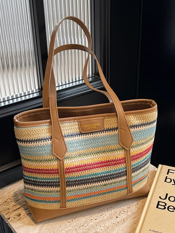 Regenbogen Strohgeflecht Tote Bag Für Damen Große Kapazität Gestreift Sommer Strand Schultertasche Lässig Reise Handtasche