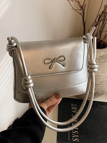 Bolso Cubo de Cuero PU para Mujer Moda Minimalista Decoración de Lazo Metálico Correa Anudada Bolso de Hombro Bolso Bandolera Color Sólido Conmutar Bolso Cuadrado Pequeño