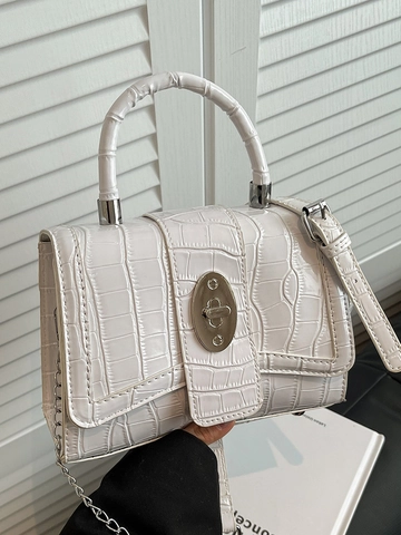 Sac à Main Femme en Cuir PU Motif Crocodile Petit Sac Carré Vintage Avec Bandoulière Chaîne Argentée et Fermoir Métallique