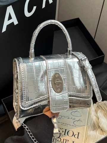 Sac à Main Femme en Cuir PU Motif Crocodile Petit Sac Carré Vintage Avec Bandoulière Chaîne Argentée et Fermoir Métallique