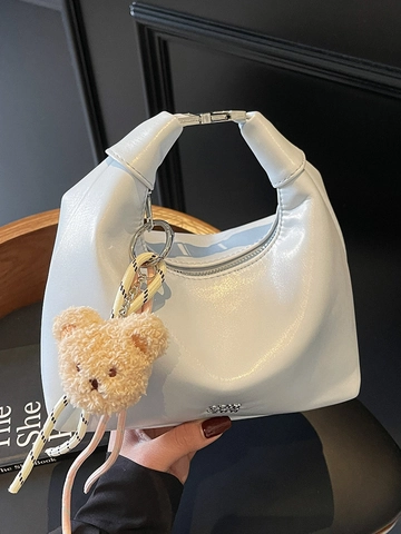 Women Fashion PU Leather Half Moon Hobo Bag Korean Style Simple Dumpling Crossbody Shoulder Bag With Plush Bear Pendant