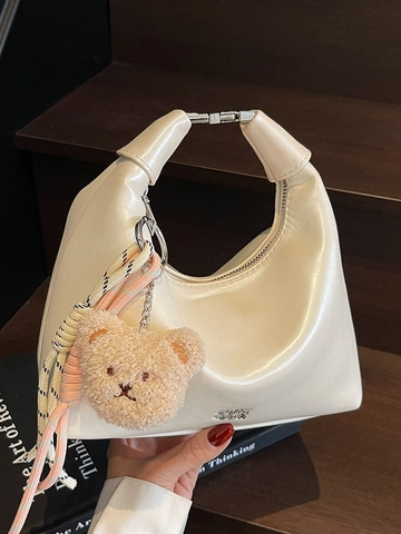 Women Fashion PU Leather Half Moon Hobo Bag Korean Style Simple Dumpling Crossbody Shoulder Bag With Plush Bear Pendant
