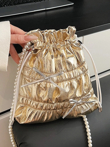 Sac Seau en PU Brillant pour Femmes Avec Design Plissé et Bandoulière Perle Détail Nœud Argent Mode Urbaine Sac à Épaule