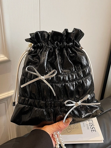 Sac Seau en PU Brillant pour Femmes Avec Design Plissé et Bandoulière Perle Détail Nœud Argent Mode Urbaine Sac à Épaule