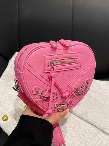Sac Bandoulière Moto en Forme de Cœur Punk Y2K pour Femmes Sac à Cœur en Similicuir avec Rivets Petit Sac Pochette