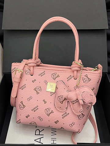Mode Bedruckt PU Leder Beuteltasche Damen Trendy Katze Schleife Muster Handtasche Pendeln Schulter Umhängetasche Mit Anhänger