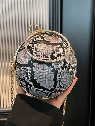 Sac de Soirée Sphérique pour Femmes Motif Peau de Serpent Cuir PU Poignée Anneau en Strass Bandoulière Chaîne Dorée