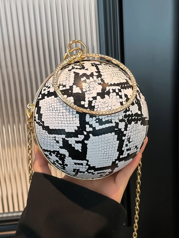 Sac de Soirée Sphérique pour Femmes Motif Peau de Serpent Cuir PU Poignée Anneau en Strass Bandoulière Chaîne Dorée