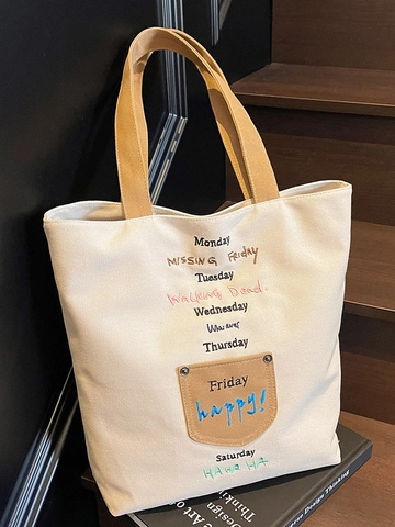 Damen Canvas Einkaufstasche Bestickt Buchstaben Wochentage Druck Schultertasche Große Kapazität Lässige Schule Handtasche Urban Stil