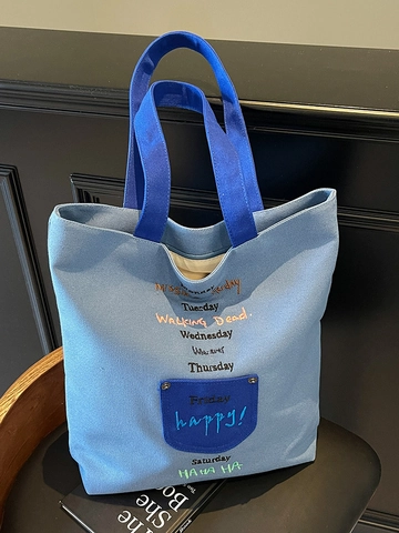 Damen Canvas Einkaufstasche Bestickt Buchstaben Wochentage Druck Schultertasche Große Kapazität Lässige Schule Handtasche Urban Stil