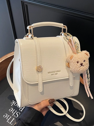 Women Mini Backpack Niche Design Simple PU Leather Small Square Bag With Bear Pendant Multi Function Shoulder Bag Handbag