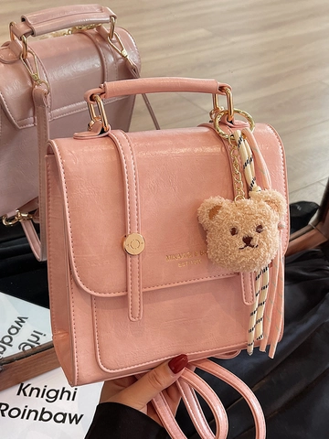 Women Mini Backpack Niche Design Simple PU Leather Small Square Bag With Bear Pendant Multi Function Shoulder Bag Handbag