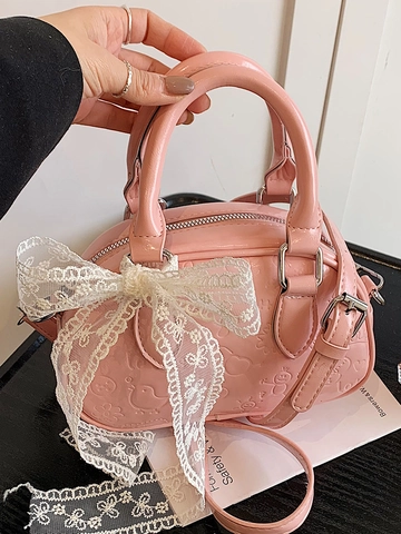 Süßer Koreanischer Stil Mini Boston Tasche Für Damen PU Leder Geprägt Cartoon Muster Spitze Schleife Umhängetasche Handtasche