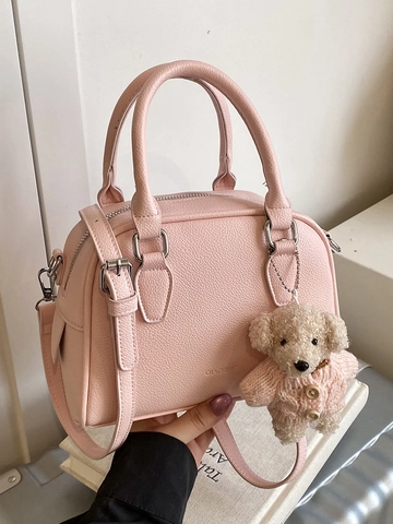 Minimalist PU Leather Bowling Bag For Women Fashion Pebbled Boston Handbag With Teddy Bear Charm Crossbody Shoulder Bag
