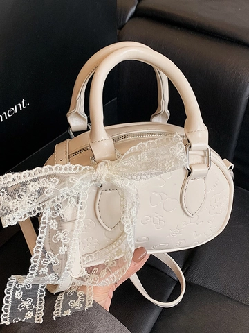 Süßer Koreanischer Stil Mini Boston Tasche Für Damen PU Leder Geprägt Cartoon Muster Spitze Schleife Umhängetasche Handtasche