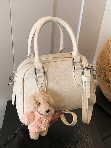 Minimalist PU Leather Bowling Bag For Women Fashion Pebbled Boston Handbag With Teddy Bear Charm Crossbody Shoulder Bag