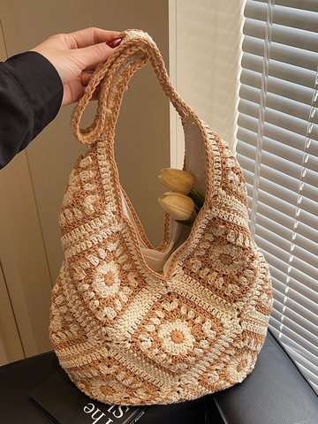 Böhmisch Handgehäkelte Granny Square Tote Bag Für Damen Vintage Floral Gestrickte Schultertasche Große Kapazität Hobo Handtasche