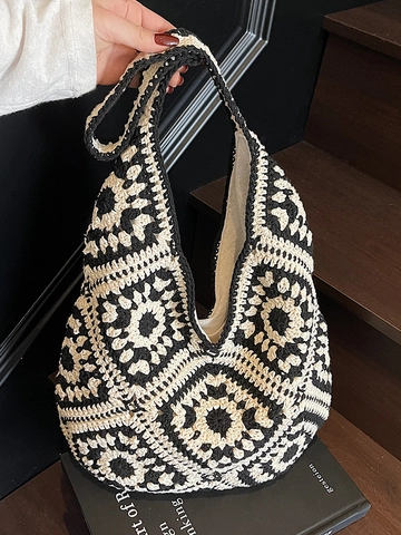 Böhmisch Handgehäkelte Granny Square Tote Bag Für Damen Vintage Floral Gestrickte Schultertasche Große Kapazität Hobo Handtasche