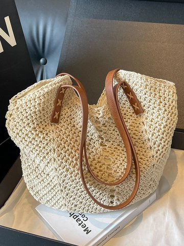 Damen Große Kapazität Gewebte Tragetasche Lässige Ajourierte Häkel Schultertasche Bohemian Strandurlaub Handtasche Mit PU-Leder Riemen