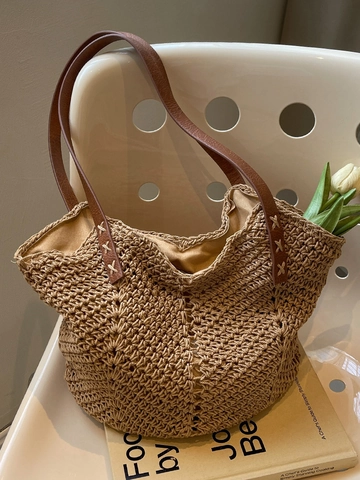 Damen Große Kapazität Gewebte Tragetasche Lässige Ajourierte Häkel Schultertasche Bohemian Strandurlaub Handtasche Mit PU-Leder Riemen
