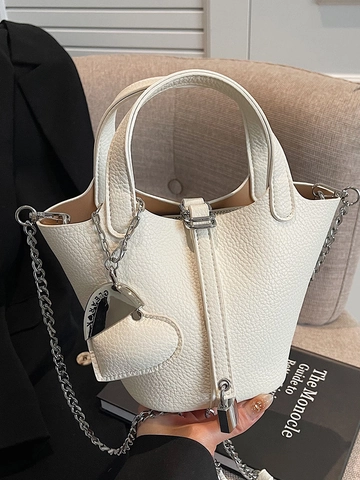 Women Lychee Texture PU Leather Bucket Bag Minimalist Solid Color Tote With Heart Pendant Crossbody Shoulder Bag Daily Bag