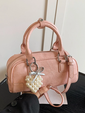 Damen Minimalistische PU Leder Bowling Tasche Schicke Faltenstruktur Handtasche Mit Künstlichem Perlenherz Anhänger Kissen Tasche