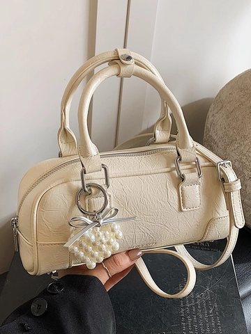Damen Minimalistische PU Leder Bowling Tasche Schicke Faltenstruktur Handtasche Mit Künstlichem Perlenherz Anhänger Kissen Tasche