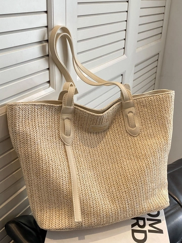 Large Capacity Straw Woven Tote Bag For Women Minimalist Casual Shoulder Bag With PU Leather Handle Summer Vacation Bag