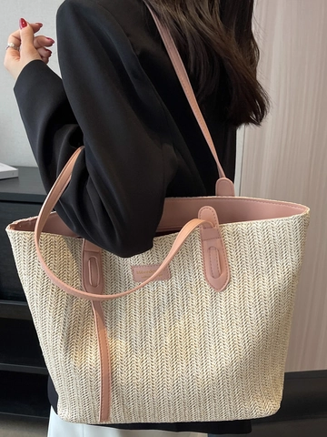 Large Capacity Straw Woven Tote Bag For Women Minimalist Casual Shoulder Bag With PU Leather Handle Summer Vacation Bag