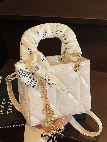 Elegante Mini Borsa a Mano in Pelle PU Trapuntata per Donna Lady Style Borsa a Tracolla Con Foulard in Seta Ciondolo Perla