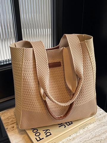 Women Casual Large Capacity Woven Tote Bag With Synthetic Leather Handle Khaki Solid Color Shoulder Bag For Travel Daily