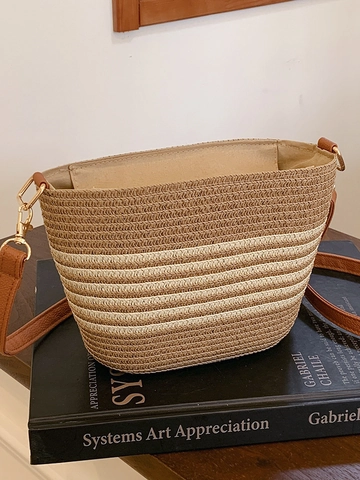 Damen Gewebte Stroh Umhängetasche Modische Gestreifte Sommer Strand Urlaub Lässige Schultertasche Kleine Strohtasche