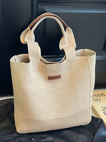 Women Casual Large Capacity Woven Tote Bag With Synthetic Leather Handle Khaki Solid Color Shoulder Bag For Travel Daily