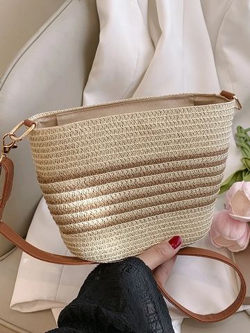 Damen Gewebte Stroh Umhängetasche Modische Gestreifte Sommer Strand Urlaub Lässige Schultertasche Kleine Strohtasche