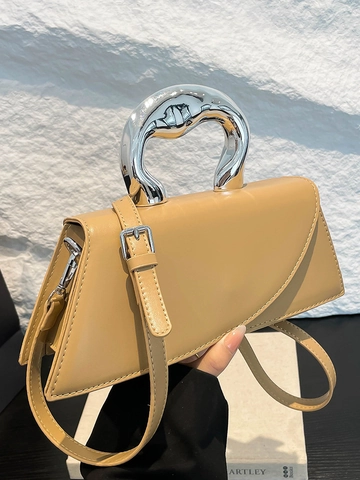 Sac Bandoulière Femme en Cuir PU Design de Niche Poignée Métallique Argentée Unique Petit Sac à Main Carré Élégant Sac d'Épaule Décontracté