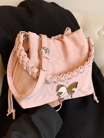 Borsa a Secchiello in Pelle PU Plicsettata da Donna Decorazione Farfalla Manico Intrecciato Elegante Borsa a Tracolla Coulisse Moda Nicchia
