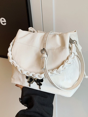 Borsa a Secchiello in Pelle PU Plicsettata da Donna Decorazione Farfalla Manico Intrecciato Elegante Borsa a Tracolla Coulisse Moda Nicchia