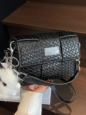 Dames PU Leer Crossbody Tas met Geweven Patroon Minimalistische Kleine Vierkante Handtas met Plüsch Hanger Schoudertas