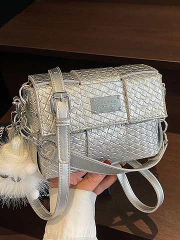 Dames PU Leer Crossbody Tas met Geweven Patroon Minimalistische Kleine Vierkante Handtas met Plüsch Hanger Schoudertas