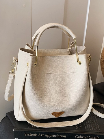 Borsa a Secchiello da Donna in Pelle PU con Trama Litchi Minimalista Borsa a Tracolla con Decorazione a Triangolo in Metallo Versatile