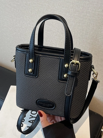 Bolso Bombonera de Cuero PU con Contraste de Color de Estilo Coreano Para Mujer Moda Remache Minimalista Bolso de Mano Bandolera
