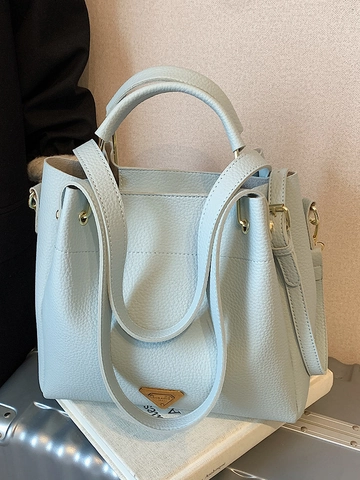Borsa a Secchiello da Donna in Pelle PU con Trama Litchi Minimalista Borsa a Tracolla con Decorazione a Triangolo in Metallo Versatile