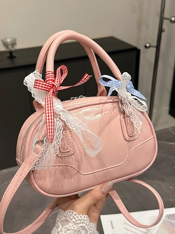 Borsa Boston con Fiocco Dolce e Pizzo Borsa a Mano da Donna in Pelle PU Urbana Minimalista Piccola Borsa a Tracolla Casual Versatile