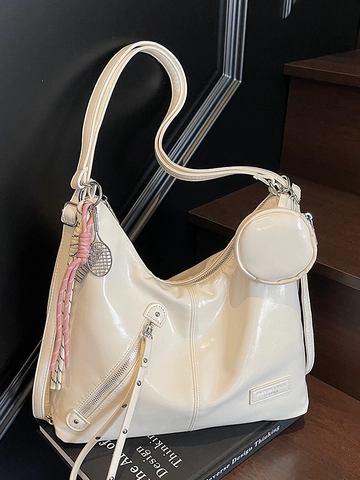Women Large Glossy PU Leather Tote Bag Spicy Girl Style Trendy Shoulder Bag With Round Coin Purse Versatile Hobo Bag