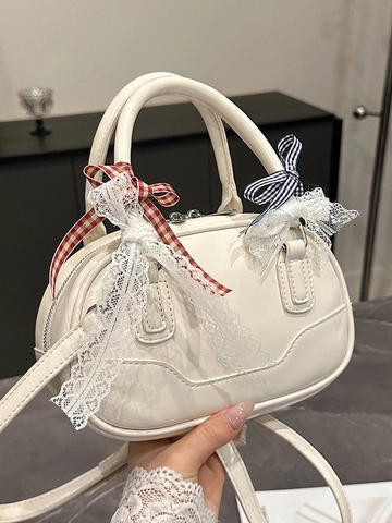 Borsa Boston con Fiocco Dolce e Pizzo Borsa a Mano da Donna in Pelle PU Urbana Minimalista Piccola Borsa a Tracolla Casual Versatile