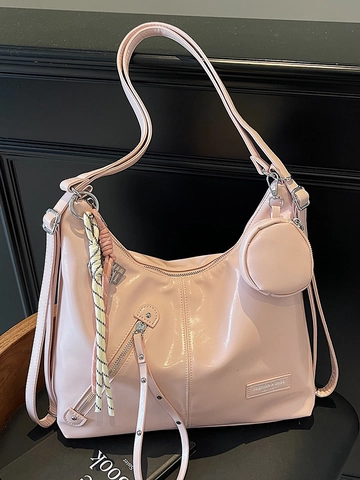 Women Large Glossy PU Leather Tote Bag Spicy Girl Style Trendy Shoulder Bag With Round Coin Purse Versatile Hobo Bag