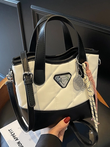 Elegante Bolso de Cubo Acolchado de Cuero PU Color de Contraste Bolso de Mano Mujer Moda Bolso Bandolera con Logo Triangular Diario Hombro