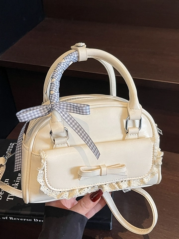 Sac à Bandoulière en Cuir PU avec Nœud et Dentelle pour Femmes Style Coréen Doux Sac Boston avec Poignée en Ruban Écossais