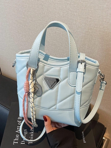 Elegante Bolso de Cubo Acolchado de Cuero PU Color de Contraste Bolso de Mano Mujer Moda Bolso Bandolera con Logo Triangular Diario Hombro